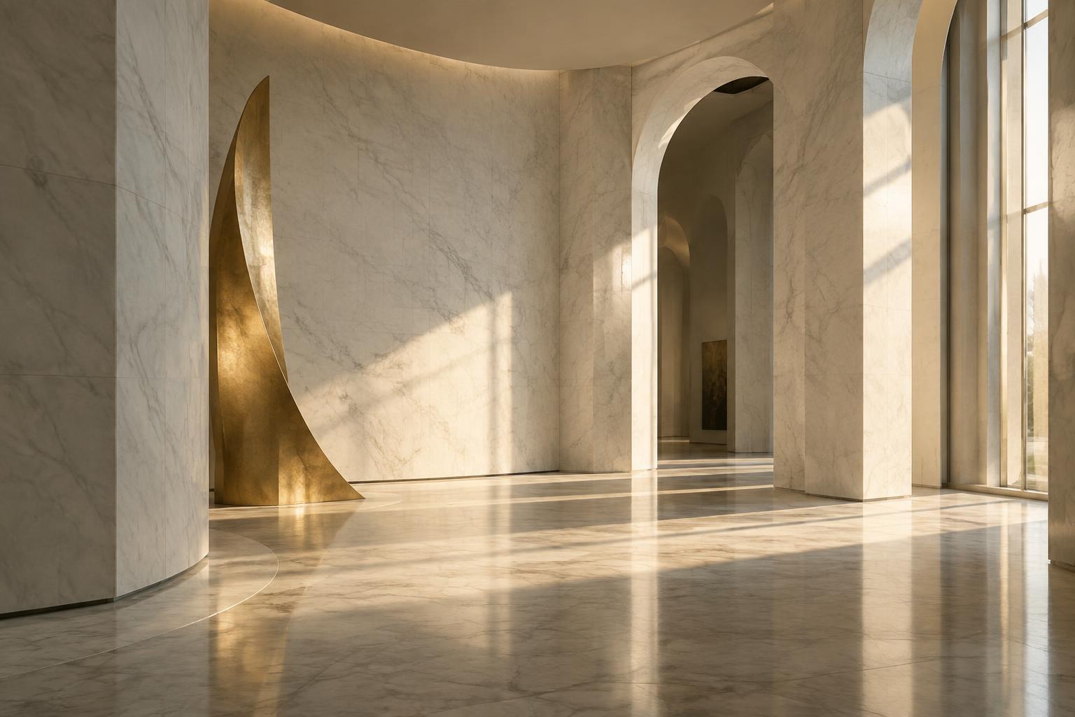 Sunlit marble gallery with a golden sculpture